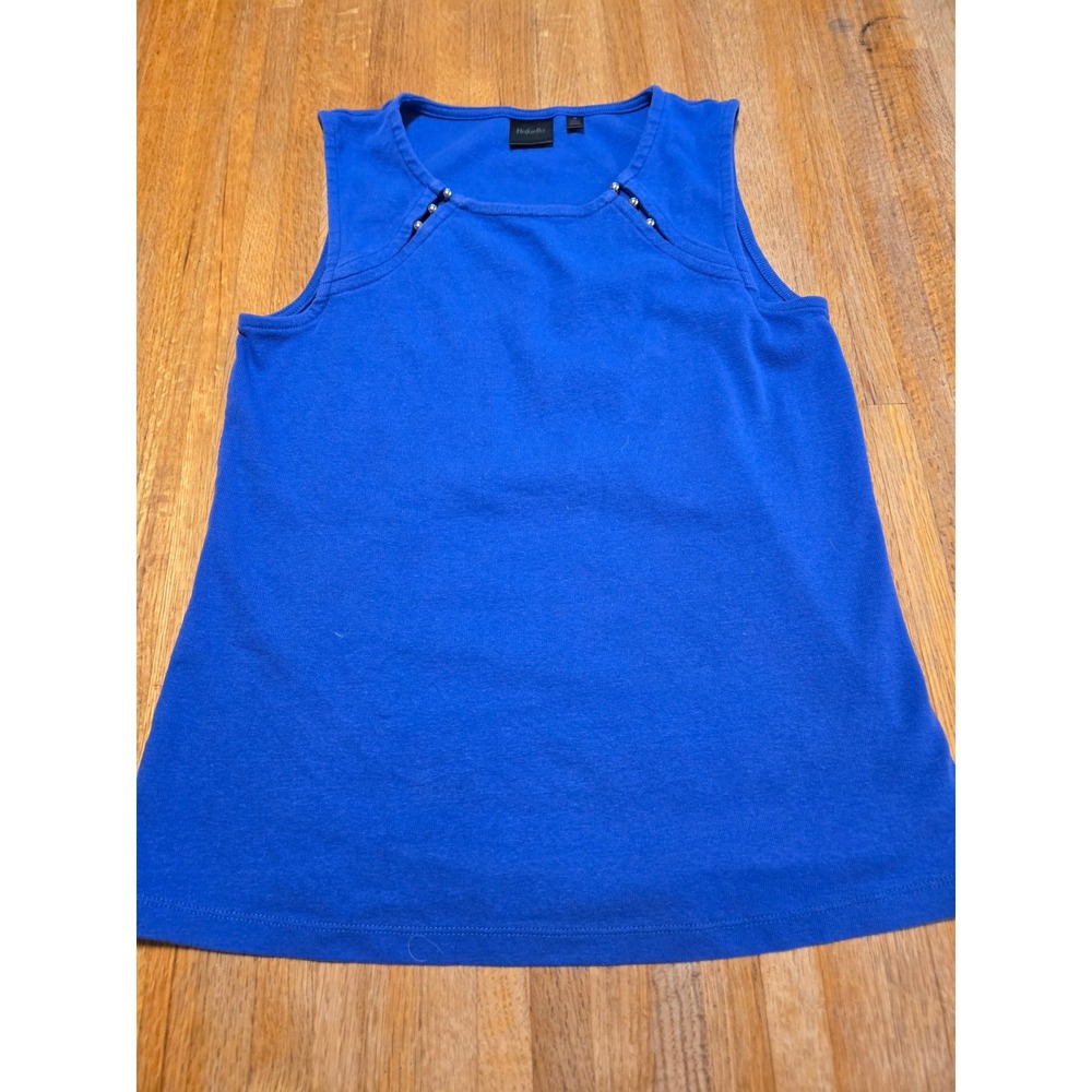 Rafaella Women‎ Medium Blue Cotton Bead Accent Neckline Sleeveless Knit Top